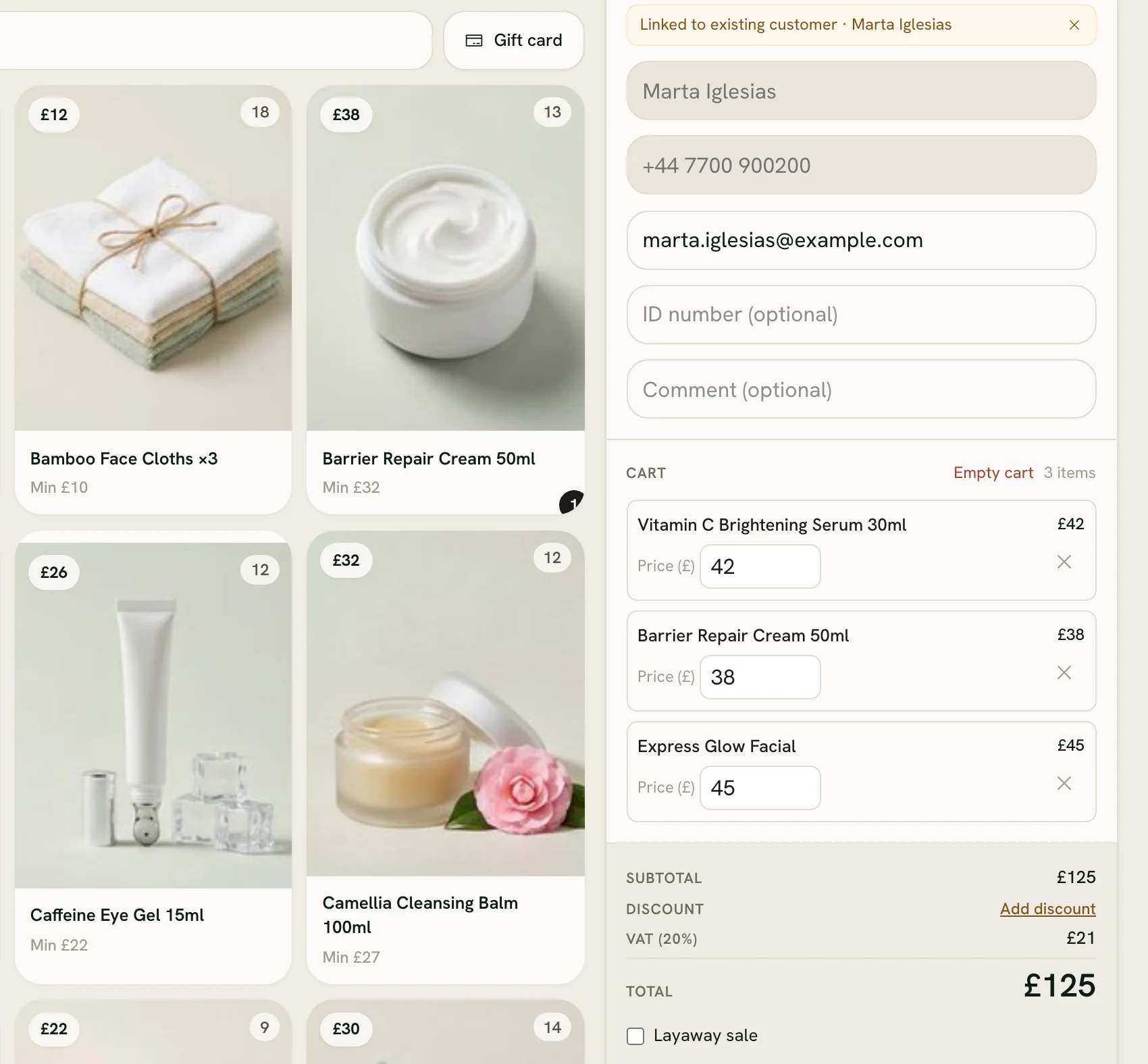 The Zero POS till: products with their photos and prices beside a basket of two skincare products and a facial, £125 in total.