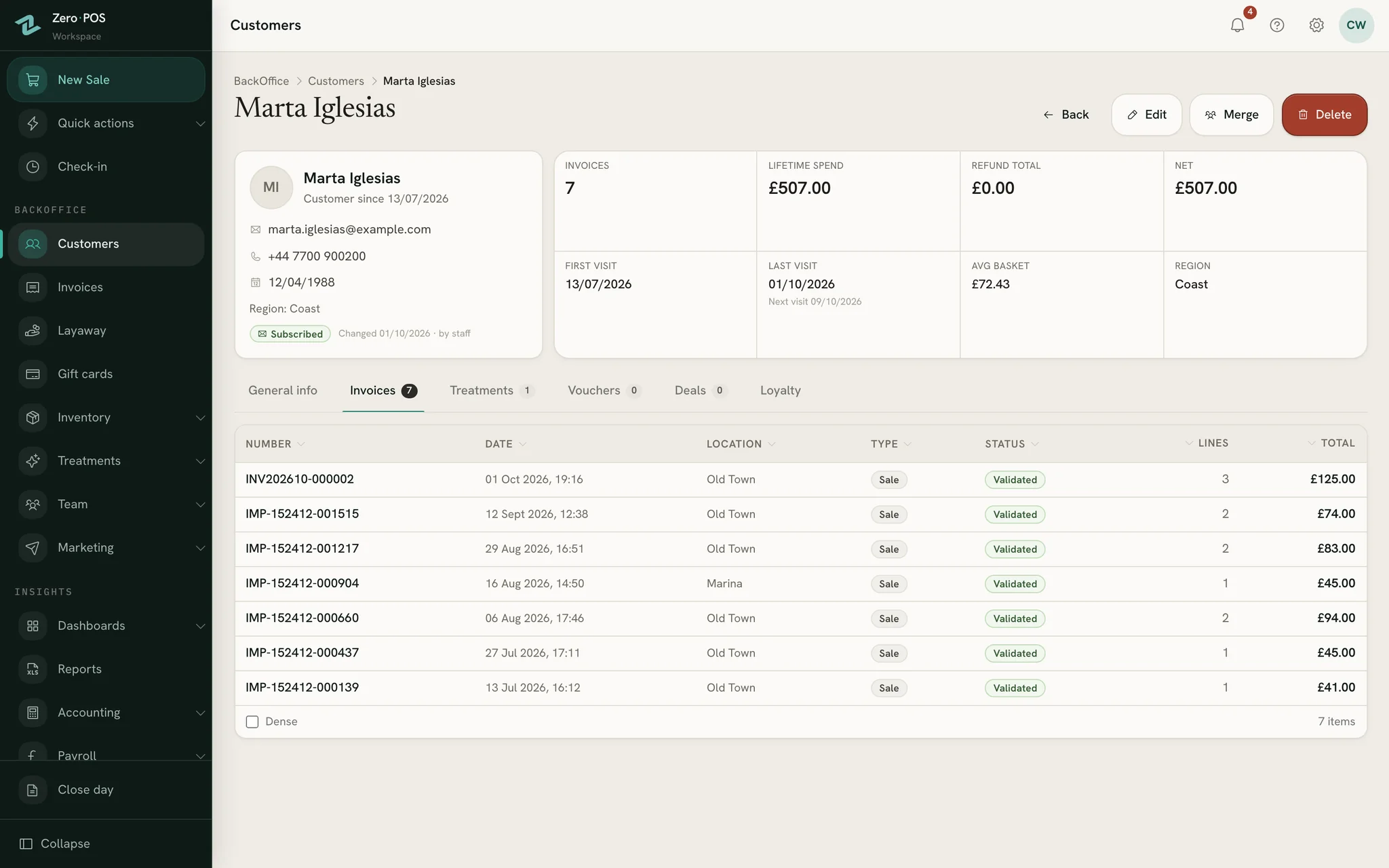 A customer’s file in Zero POS with her visits, spend and purchase history.