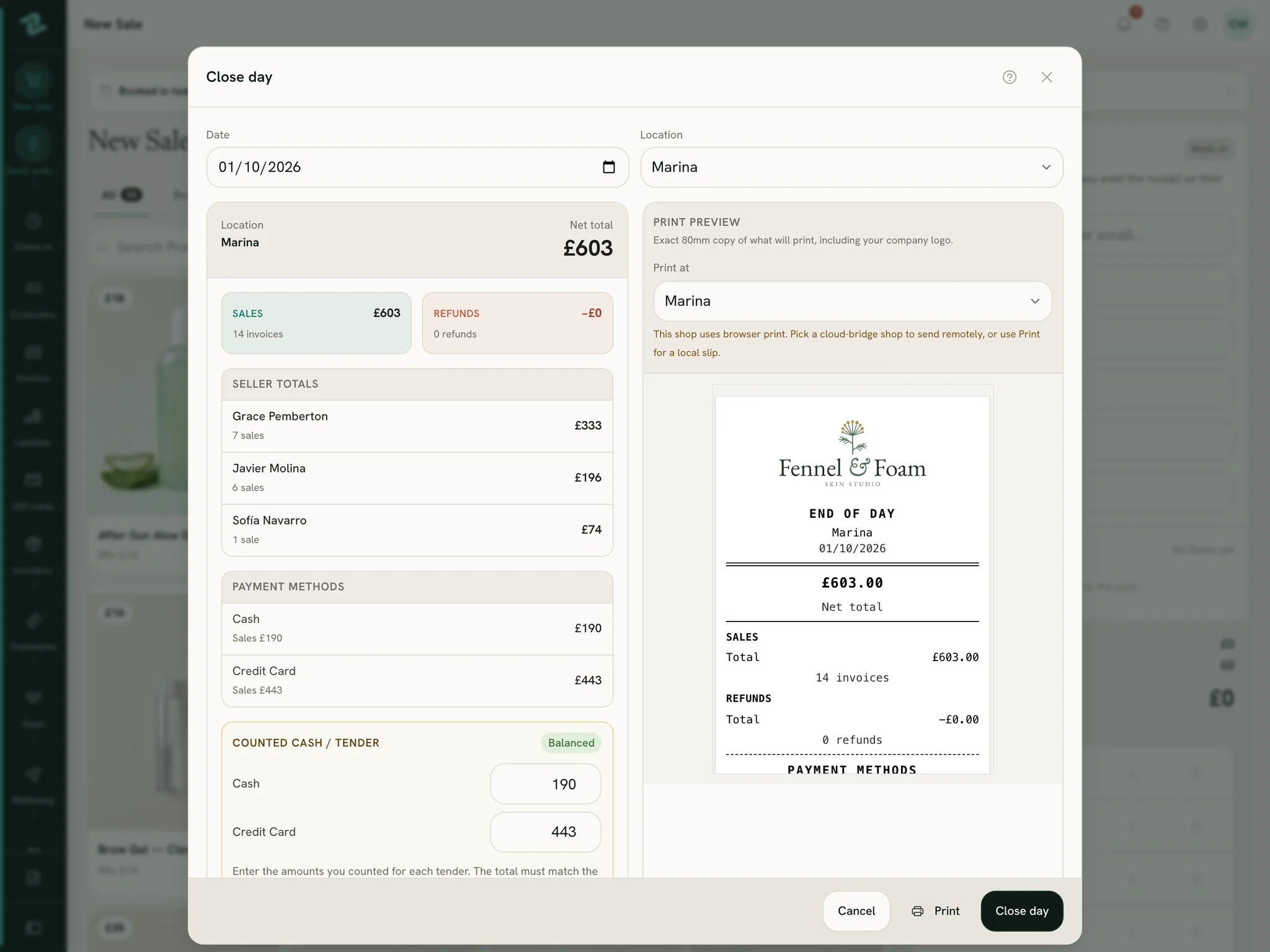 The end-of-day close in Zero POS, showing what the card terminal should have taken.