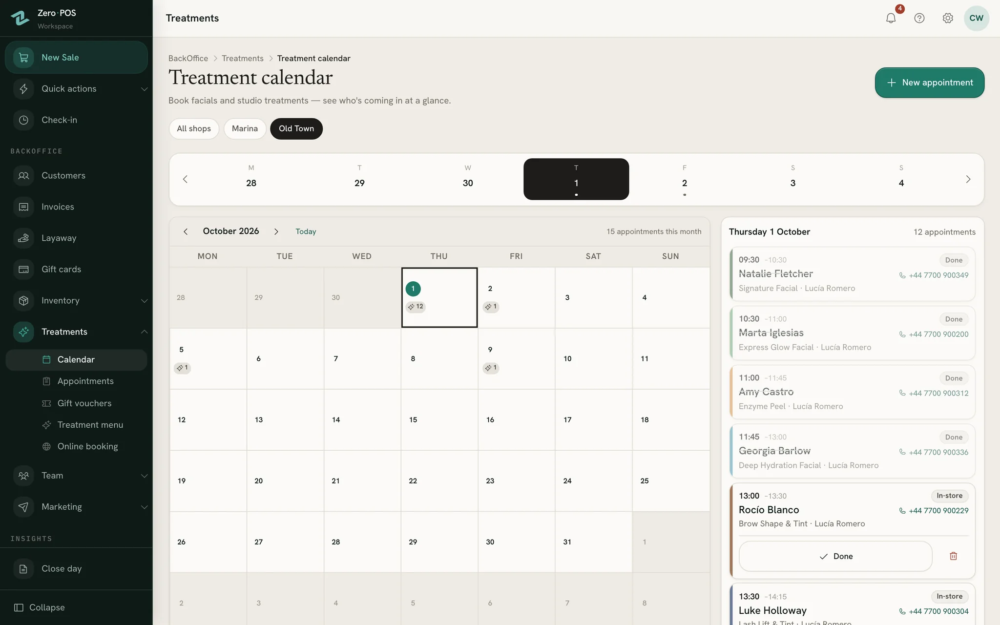 The treatment diary in Zero POS, showing a full day of appointments.