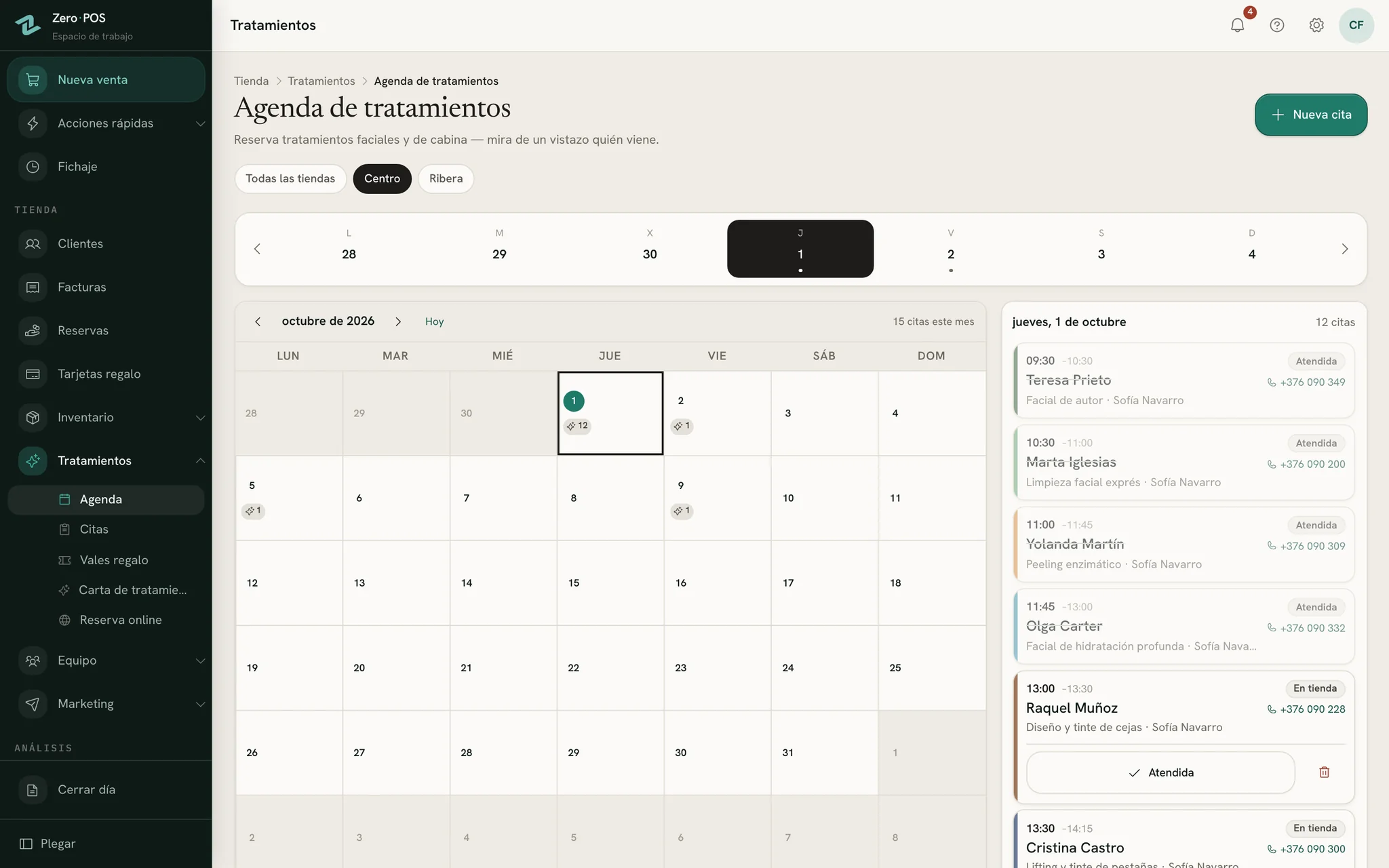 La agenda de tratamientos de Zero POS, con un día completo de citas.
