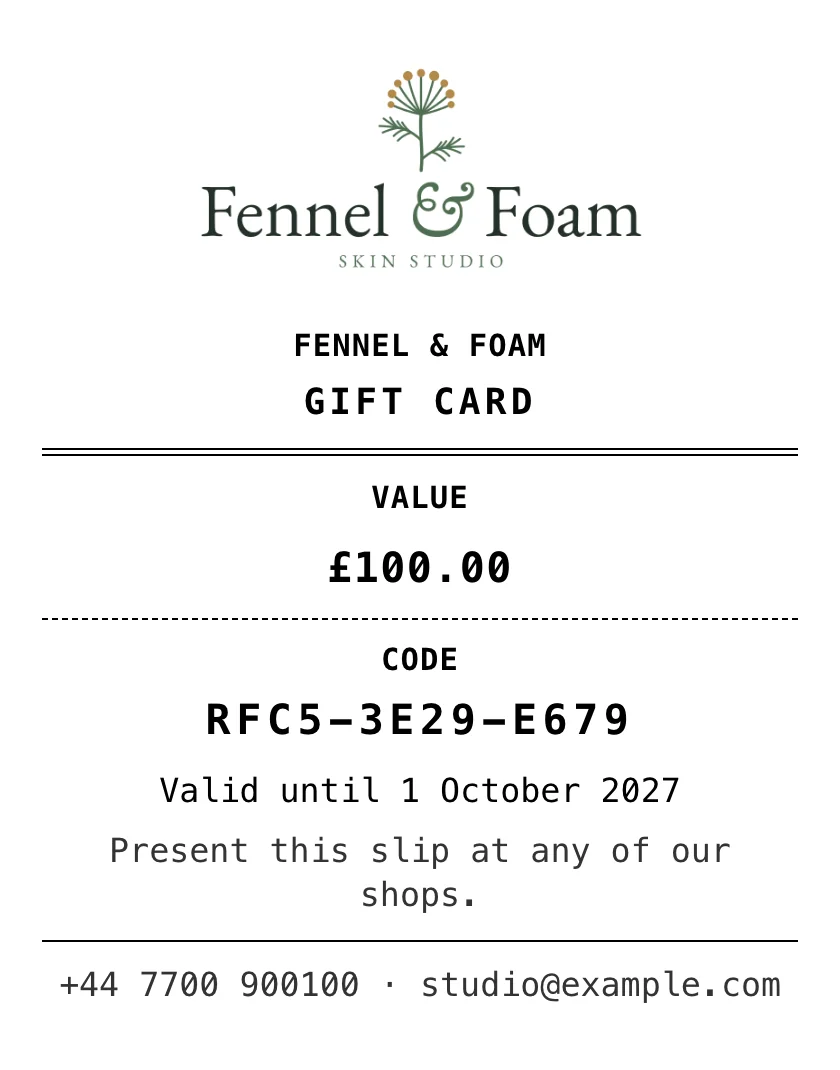 A printed Zero POS gift card slip with the shop’s logo, its value and its code.