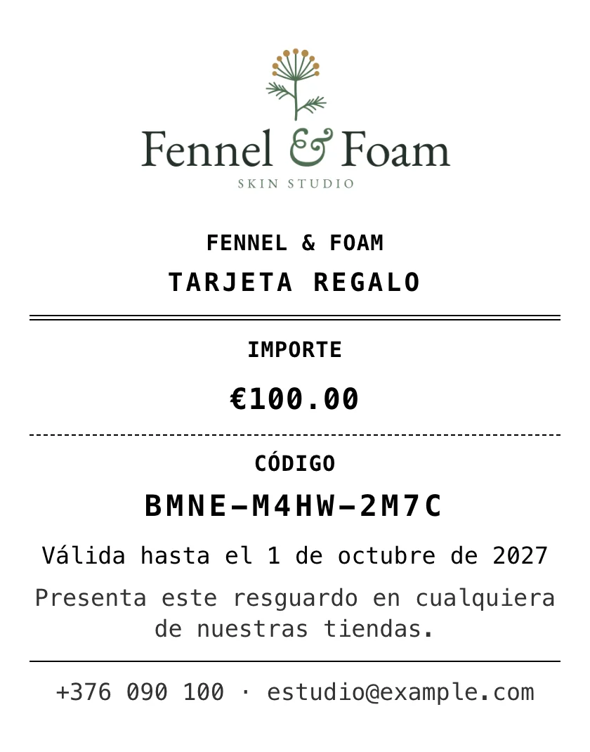 Una tarjeta regalo impresa con Zero POS, con el logo de la tienda, su importe y su código.