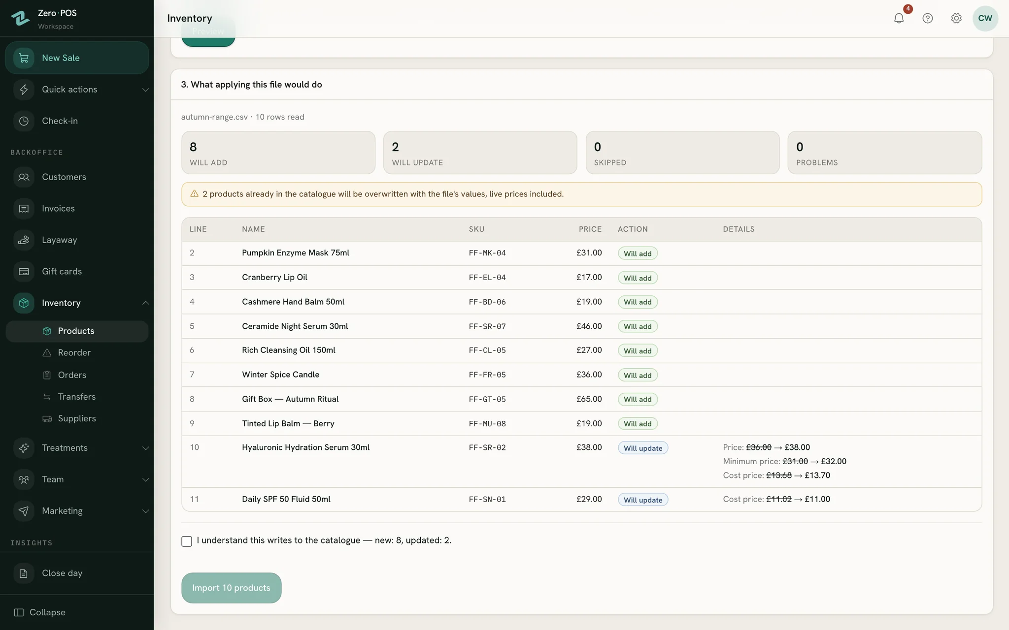 Previewing a product import in Zero POS before anything is saved.