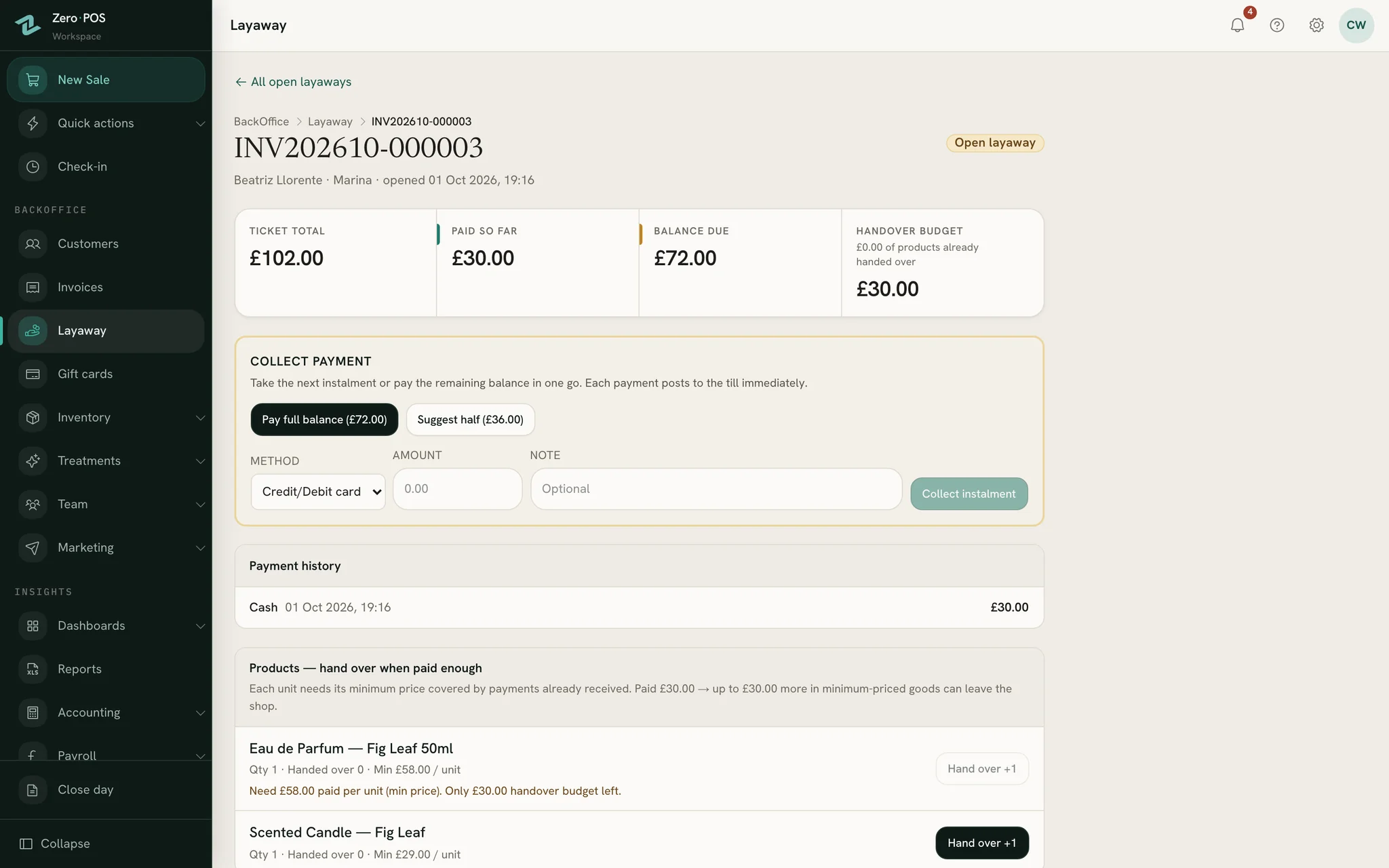 A layaway in Zero POS with its deposit and remaining balance.