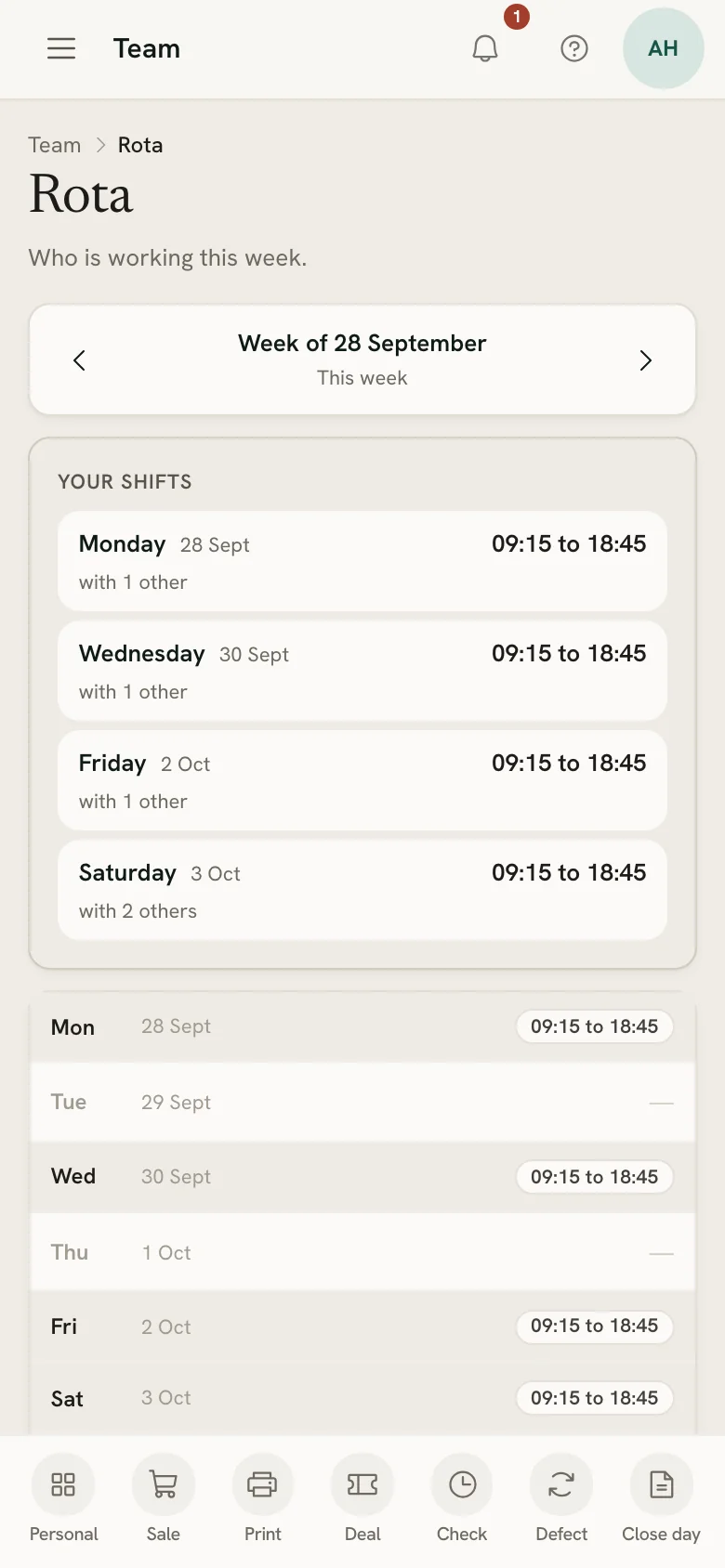 A seller’s shifts for the week in Zero POS, on a phone.