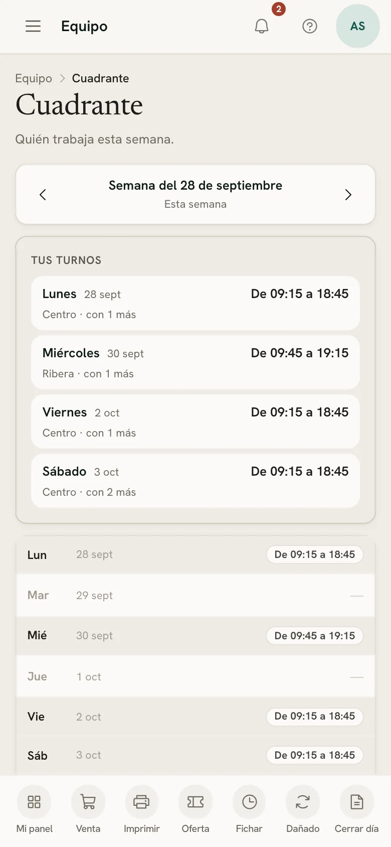 Los turnos de la semana de un vendedor en Zero POS, en el móvil.