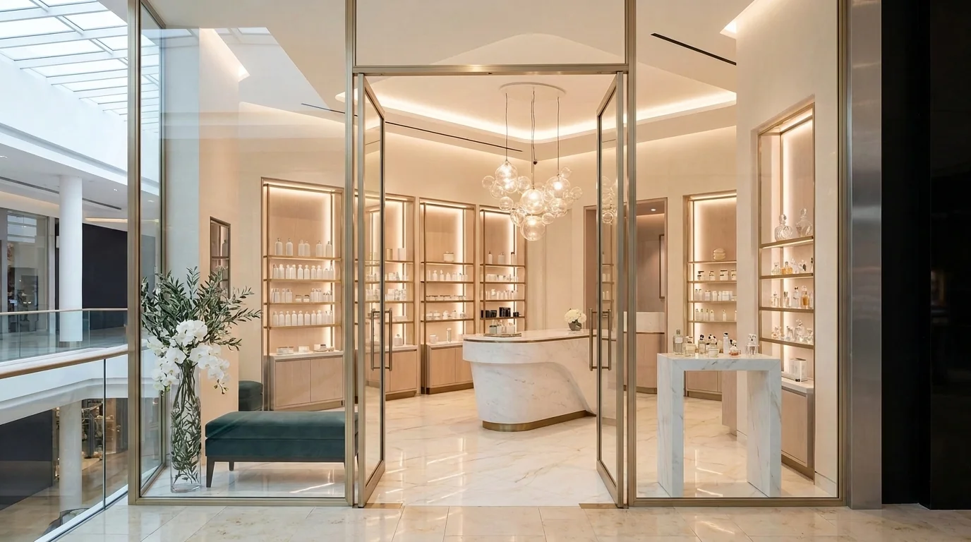 A bright beauty boutique with a white marble counter and lit shelves of plain bottles and jars.