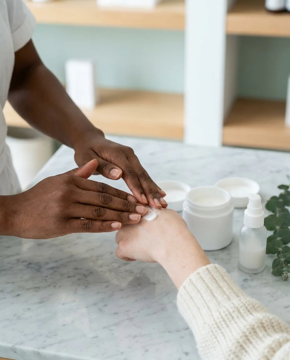 A consultant smooths a little face cream onto the back of a customer’s hand at the counter.