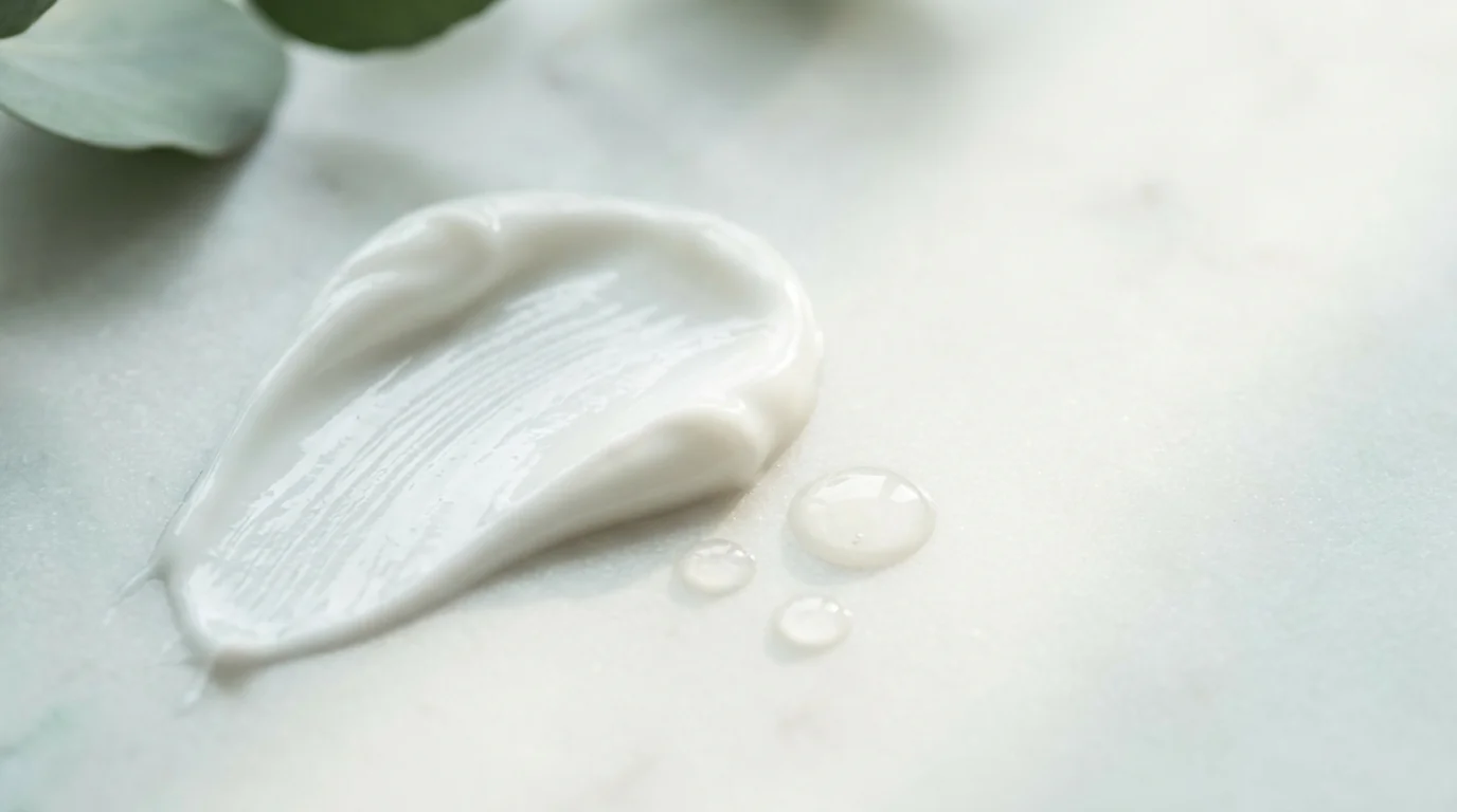 A close-up of a smooth stroke of white face cream and three drops of serum on pale marble, with eucalyptus leaves in one corner.