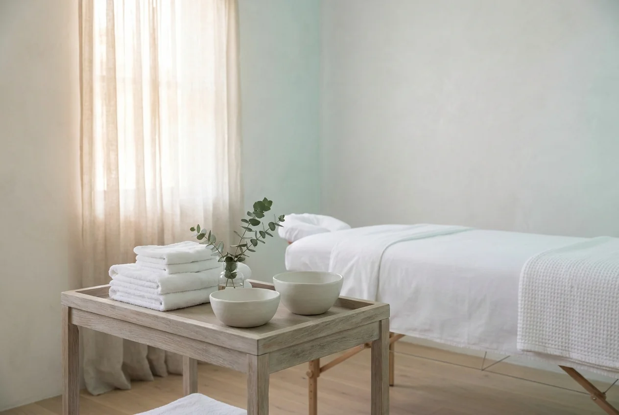 An empty treatment room in soft daylight: a treatment bed made up with white sheets and a waffle blanket, and a wooden side table with folded towels, two ceramic bowls and a sprig of eucalyptus.