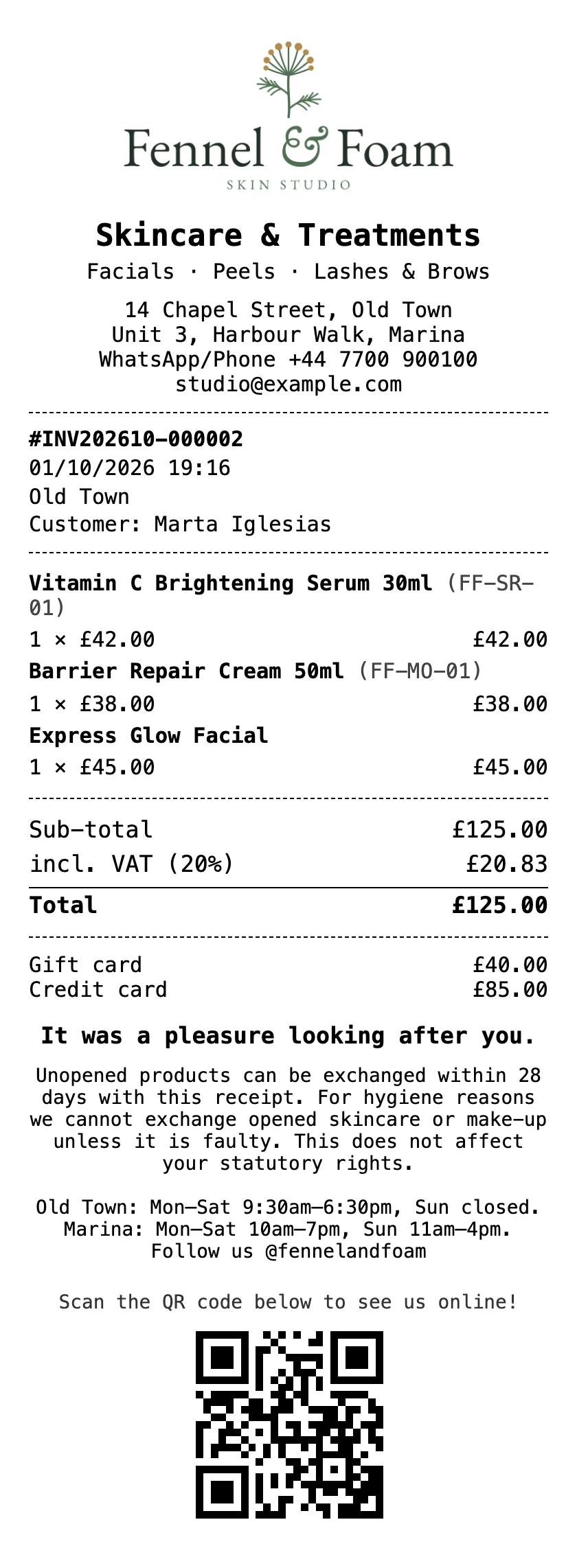 A printed Zero POS receipt with the shop’s logo, two products, a facial, the payments and a QR code.