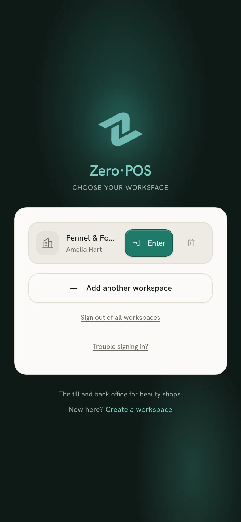 Choosing a saved workspace to sign in to Zero POS on a phone.