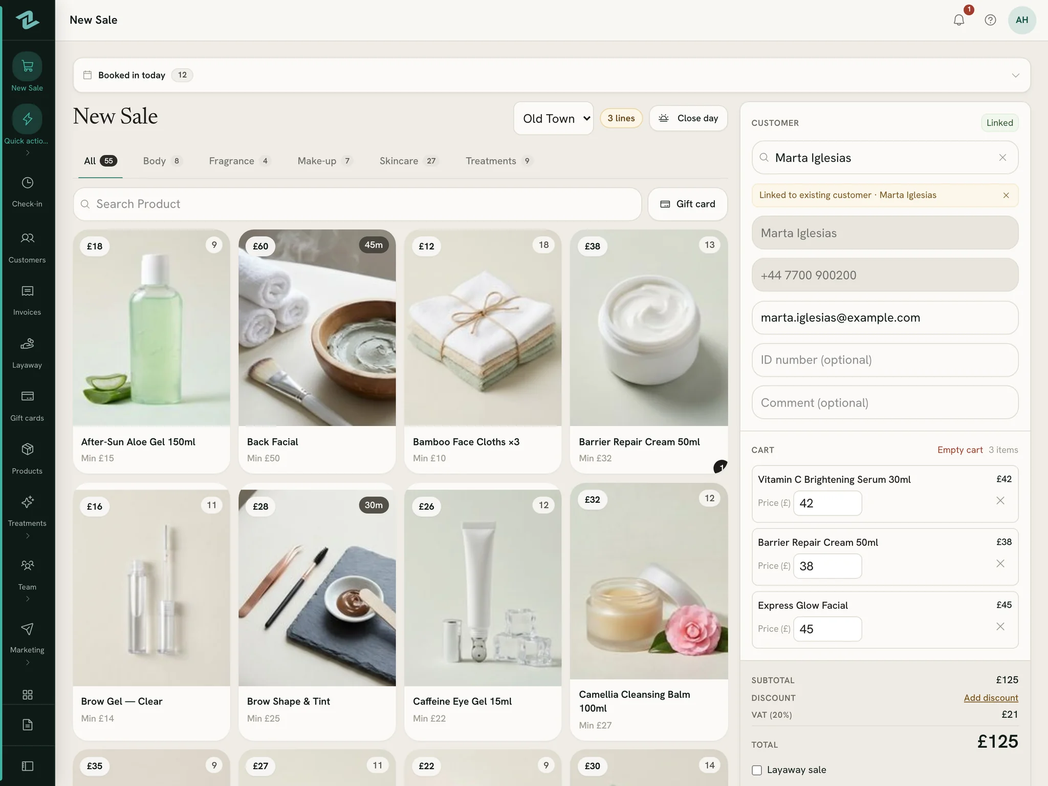 The Zero POS till on a tablet, with two skincare products and a facial in one basket.