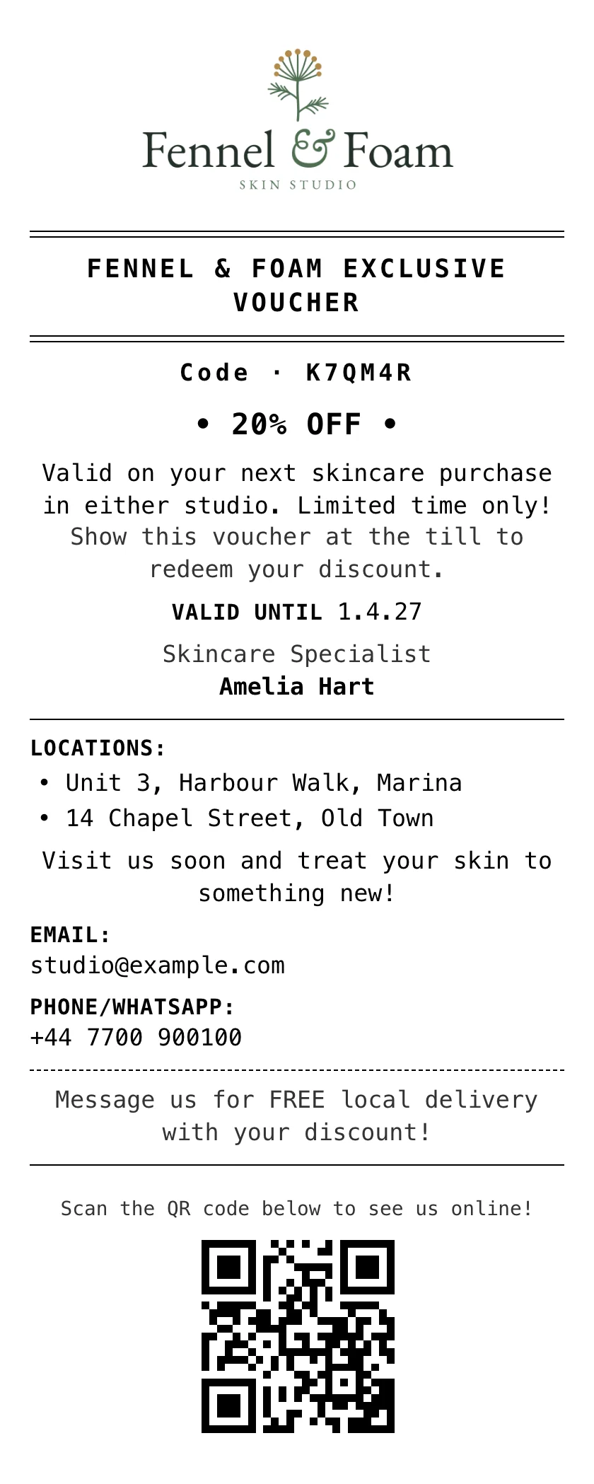 A printed discount voucher from Zero POS, with the shop’s logo, a code and 20% off.