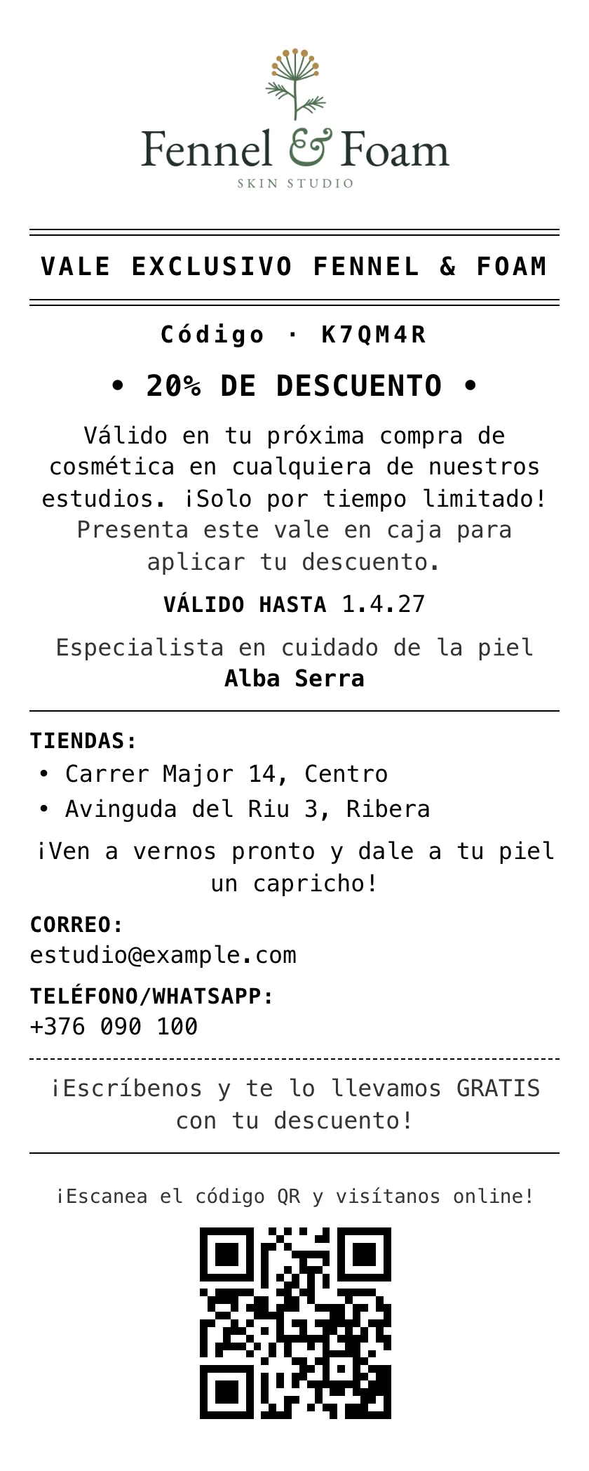 Un vale de descuento impreso con Zero POS, con el logo de la tienda, un código y un 20 % de descuento.